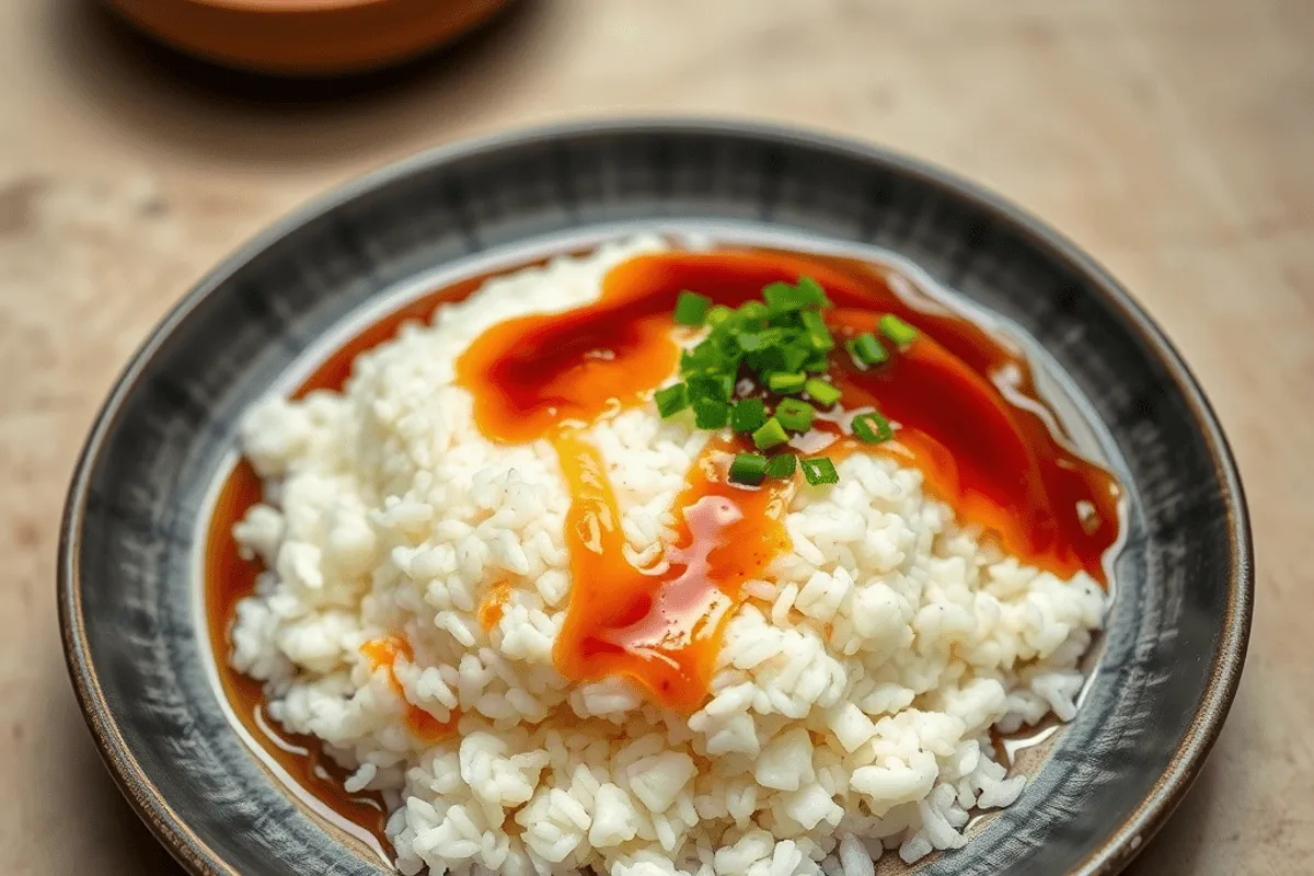 Cuenco de arroz japonés gohan brillante, servido con cebollino y jugo de pepinillos