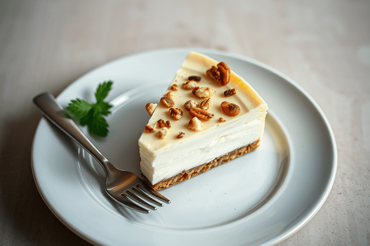 Cheesecake de crema de cacahuete con base de galletas y topping de nata y brittle, presentado en plato blanco sobre mesa de madera