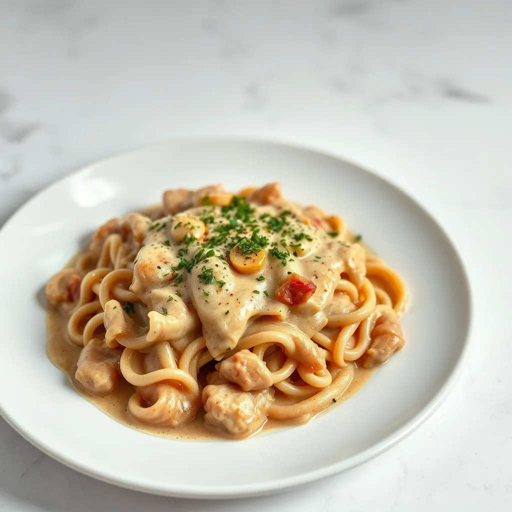 Stroganoff de ternera servido con pasta pappardelle y perejil fresco