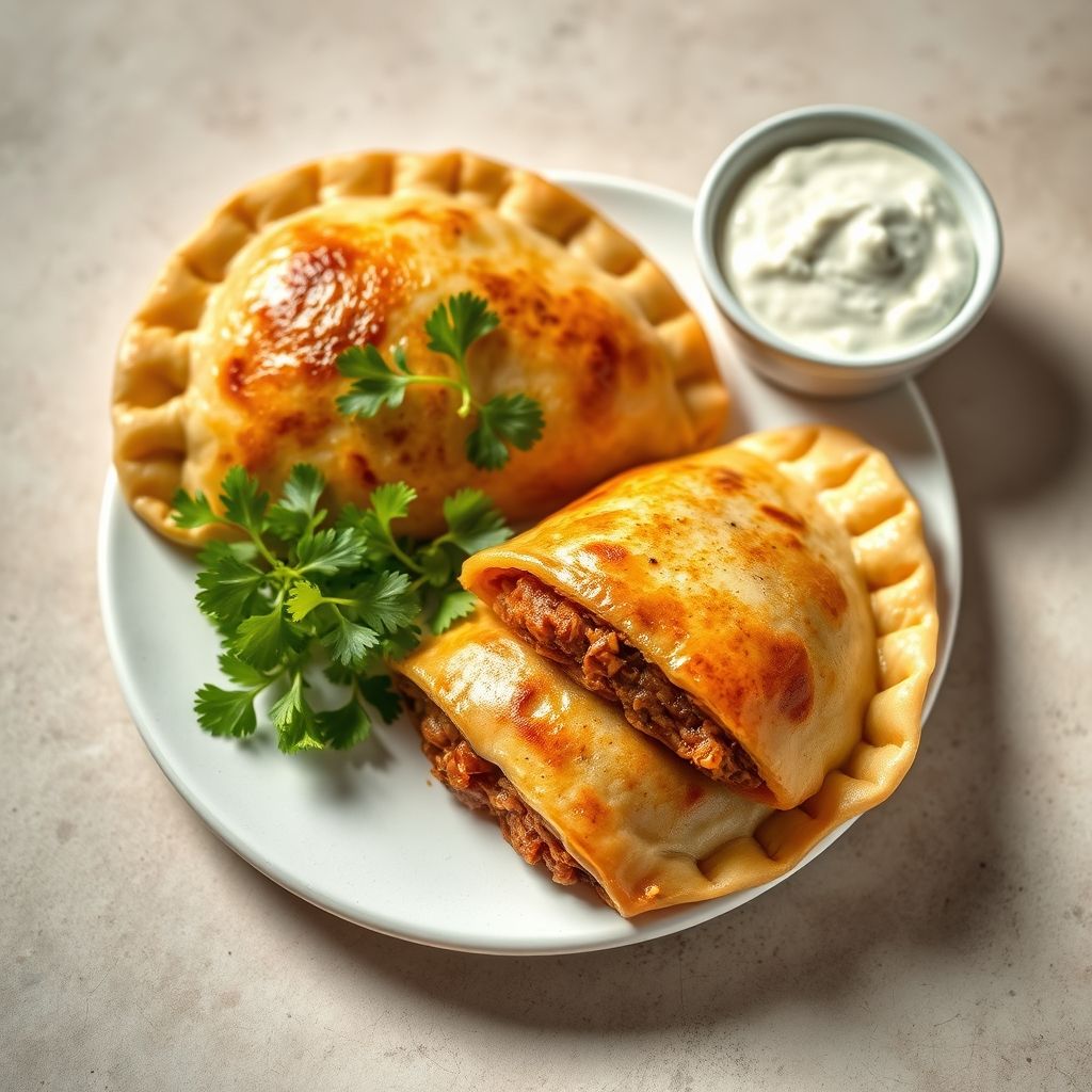 Empanadas de carne horneadas doradas servidas en un plato de madera con chimichurri.