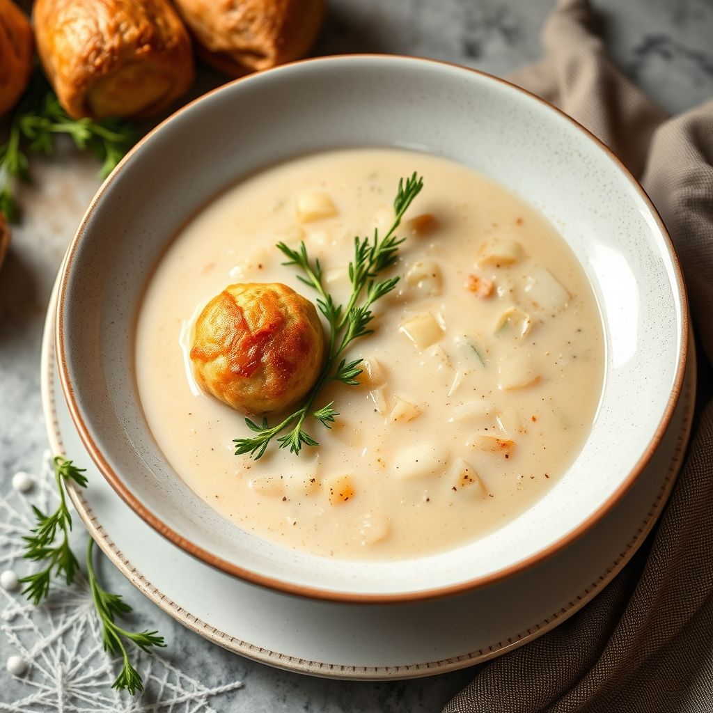 Sopa clara con albóndigas de sémola y perejil fresco en un cuenco blanco