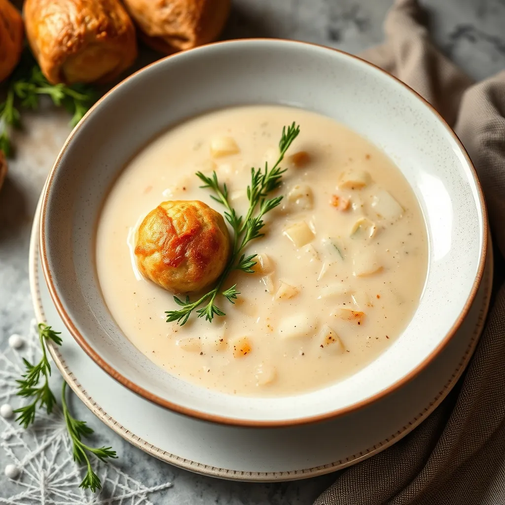Sopa clara con albóndigas de sémola y perejil fresco en un cuenco blanco