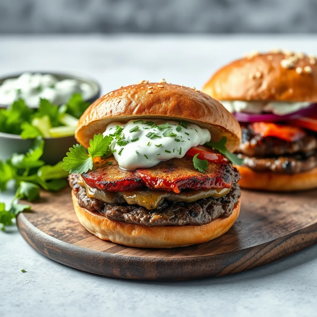 Hamburguesas de cordero con tzatziki servidas en pan tostado, acompañadas de verduras frescas y menta
