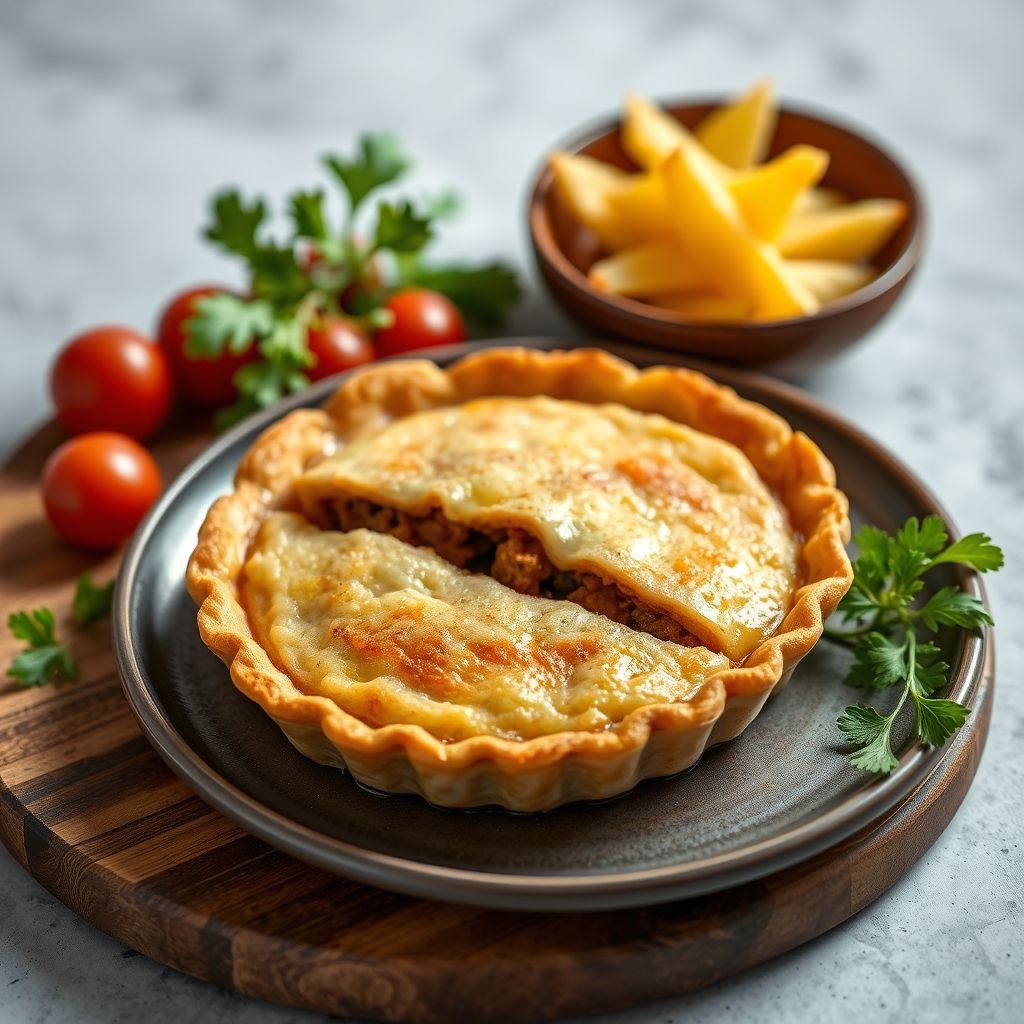 Pastel de carne picada horneado en una fuente de cerámica, con la masa quebrada dorada y decorada con formas de hoja.