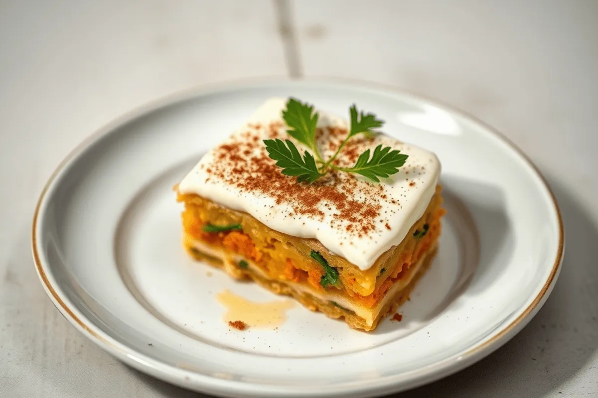 Pastel de zanahoria con frosting de queso crema servido en plato blanco, decorado con nueces y rodajas de zanahoria