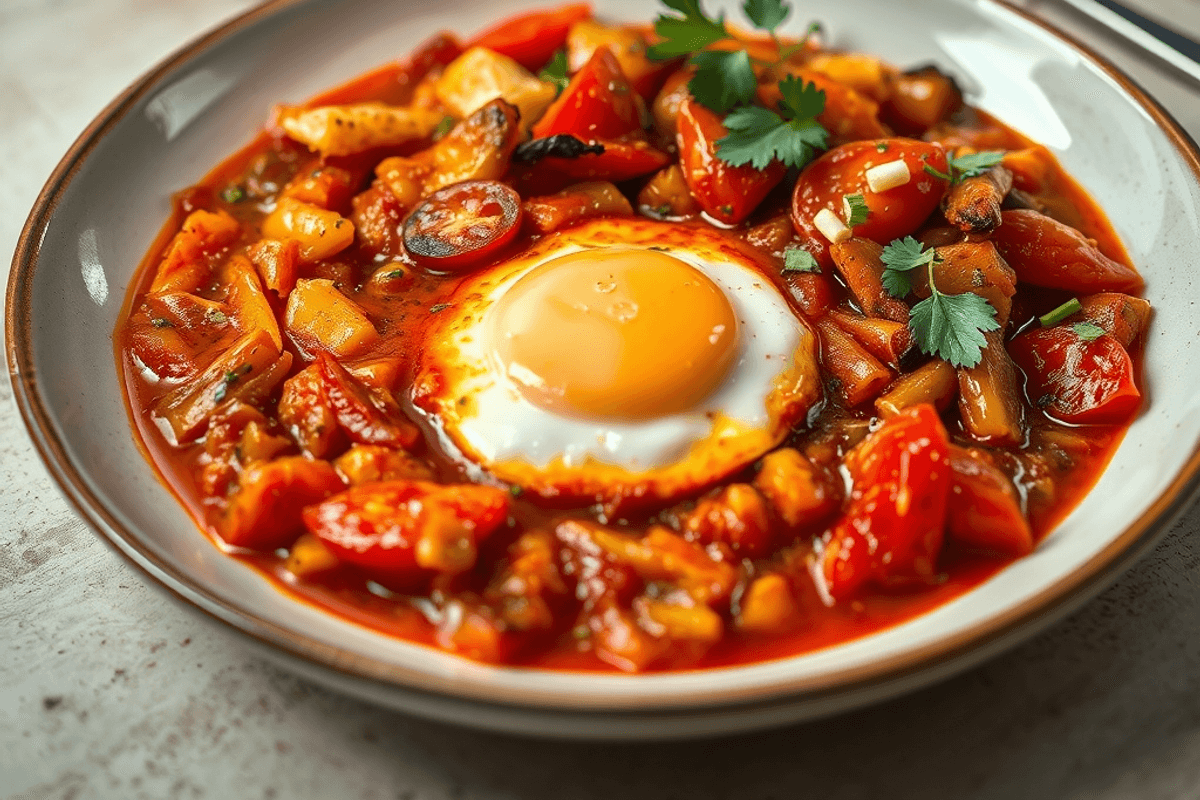 Sartén con shakshuka vegetariana, dos huevos cocidos sobre salsa de tomate roja, espolvoreado con perejil y acompañado de tostadas.