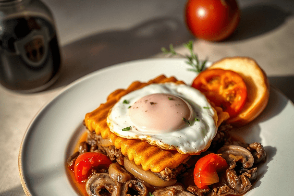Pastel de carne picada horneado en una fuente de cerámica, con la masa quebrada dorada y decorada con formas de hoja.