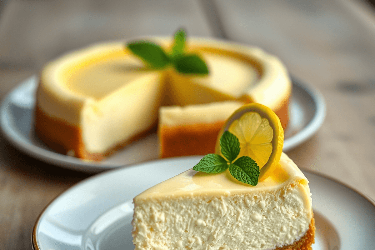 Cheesecake de Nueva York con costra de galleta, relleno denso y cobertura de nata agria, servido en plato blanco