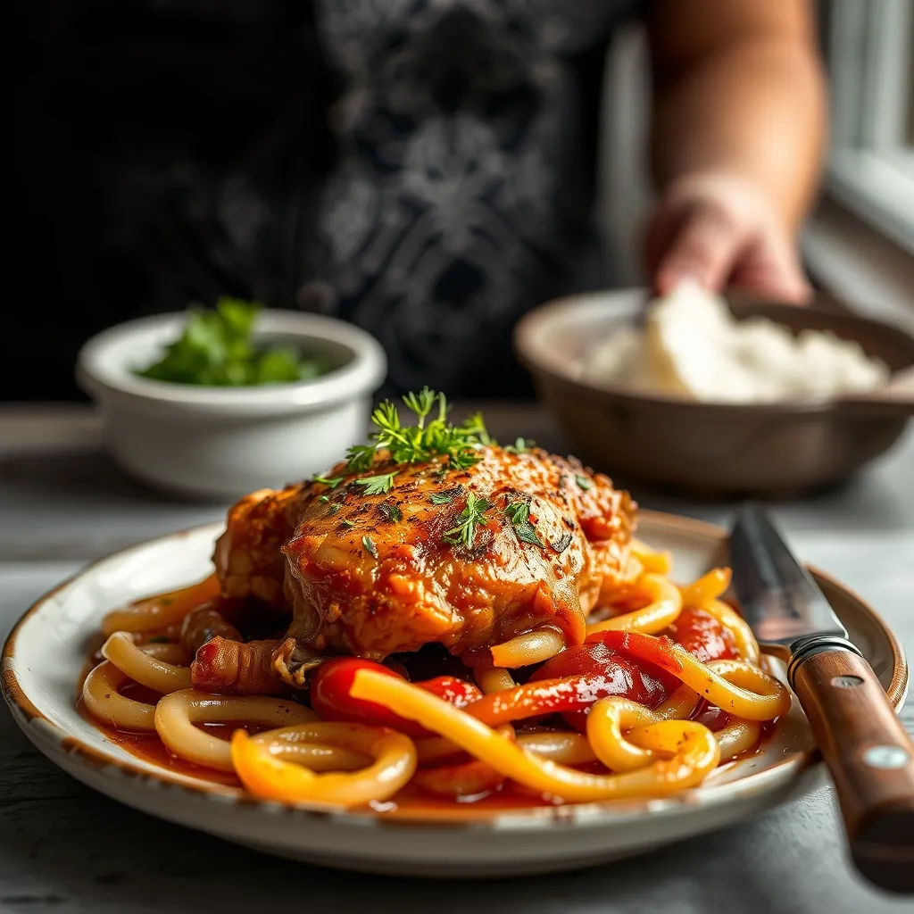 Cazuela de pollo marengo con champiñones, tomate y aceitunas, servido con pasta y perejil fresco