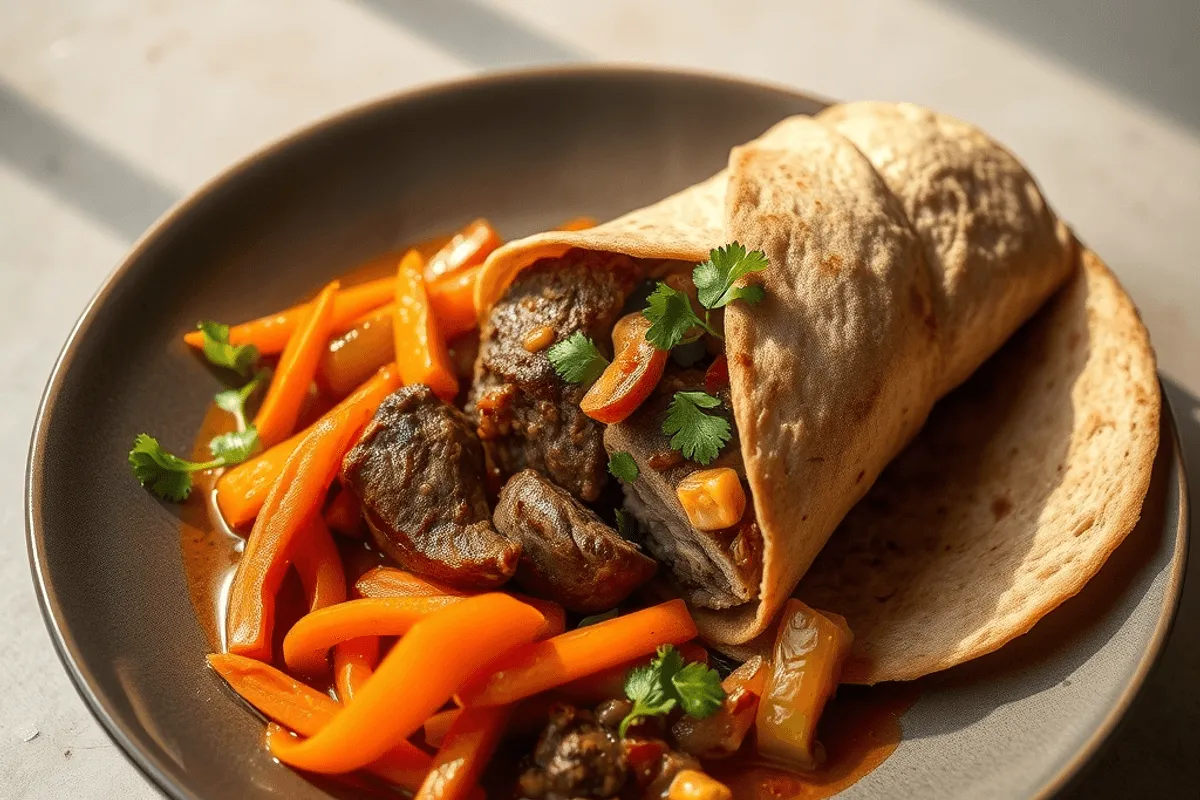 Wrap de pita relleno de lonchas de cordero a la plancha con especias, ensalada de col y zanahoria crujiente y un toque de mayonesa de pimiento naranja.