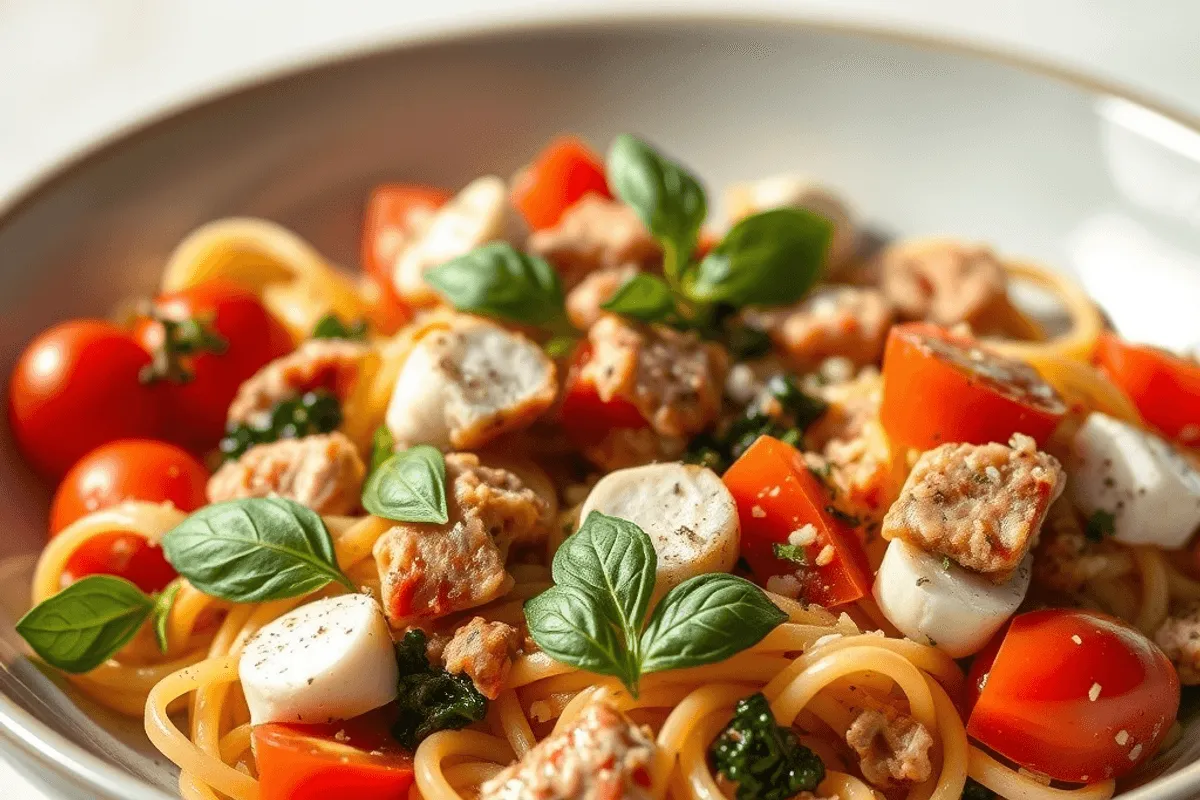 Ensalada de pasta fría con farfalle, tomates cherry, mozzarella, atún y albahaca fresca en un bol grande.