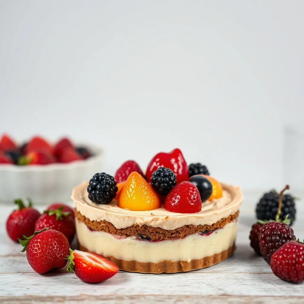 Tarta Dundee recién horneada con almendras enteras decorando la superficie, sobre una tabla de madera