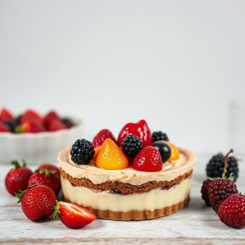 Tarta Dundee recién horneada con almendras enteras decorando la superficie, sobre una tabla de madera
