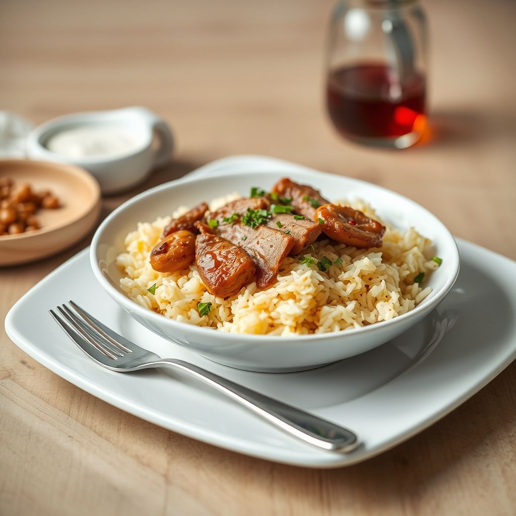 Plato de Mastawa de cordero y arroz servido en un bol, con textura cremosa y visible trozos de carne y especias.