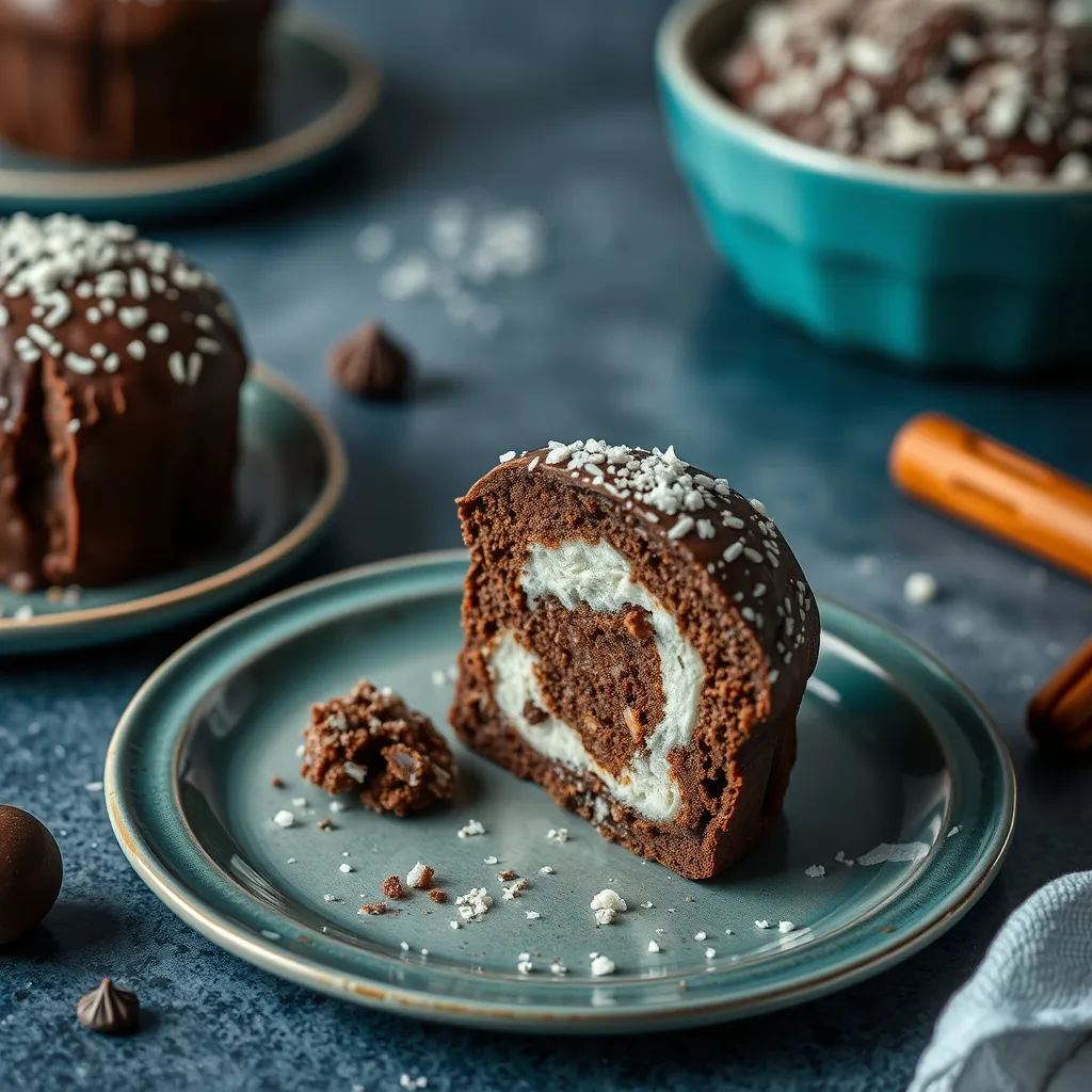 Cuadrados de chocolate y coco sobre una rejilla, cubiertos de coco rallado y con brillo de cobertura de chocolate