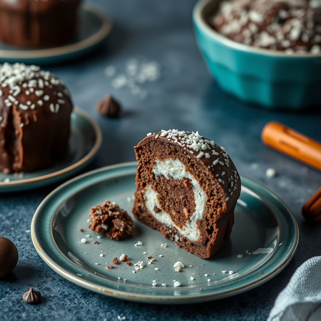 Cuadrados de chocolate y coco sobre una rejilla, cubiertos de coco rallado y con brillo de cobertura de chocolate