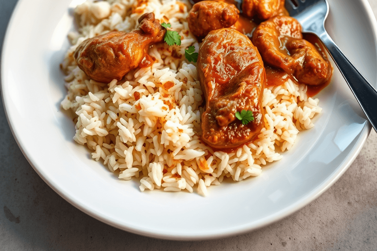 Mandi de pollo servido en una olla con arroz dorado, trozos de pollo y decoración de cebolla frita y cilantro fresco