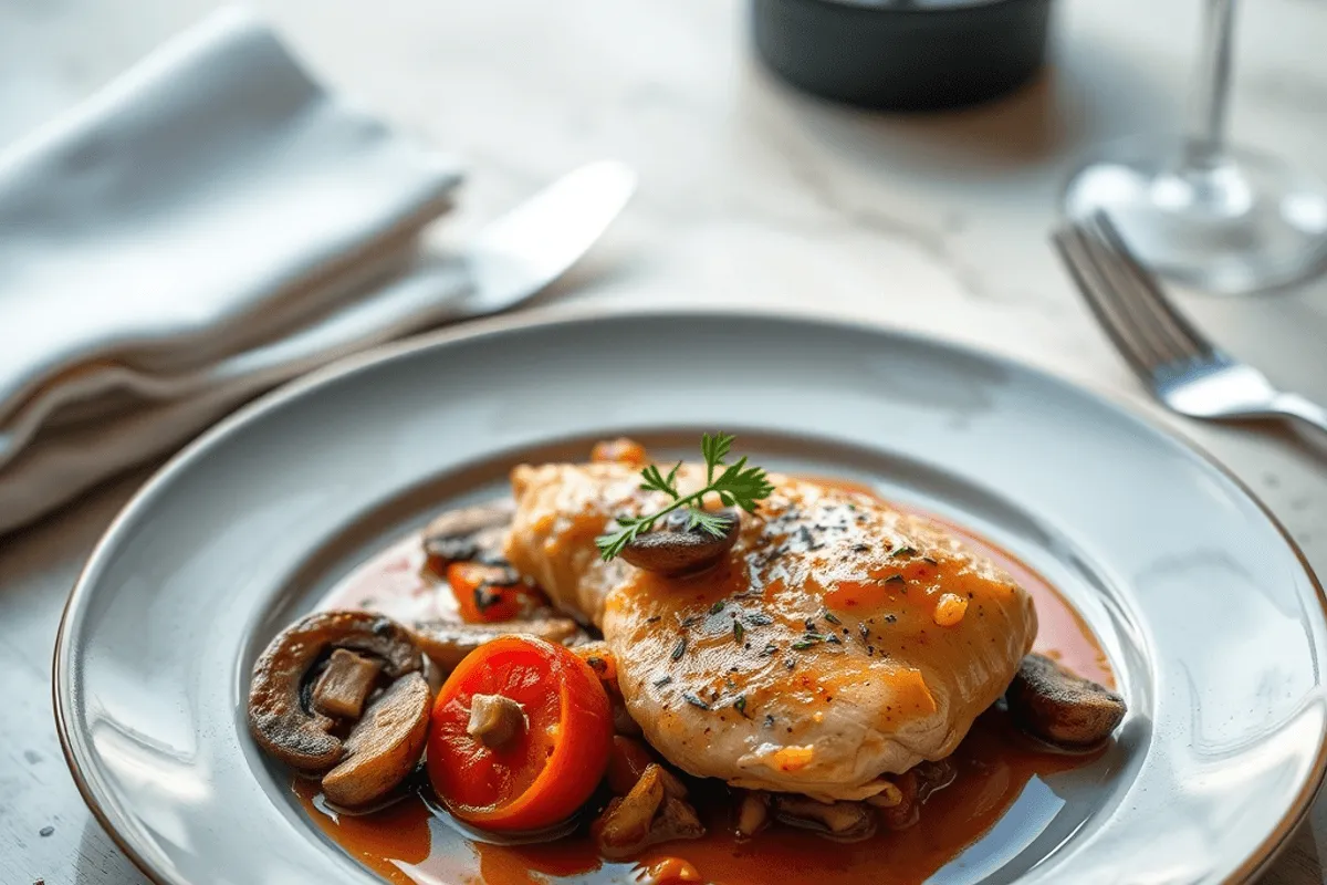 Cazuela de pollo marengo con champiñones, tomate y aceitunas, servido con pasta y perejil fresco
