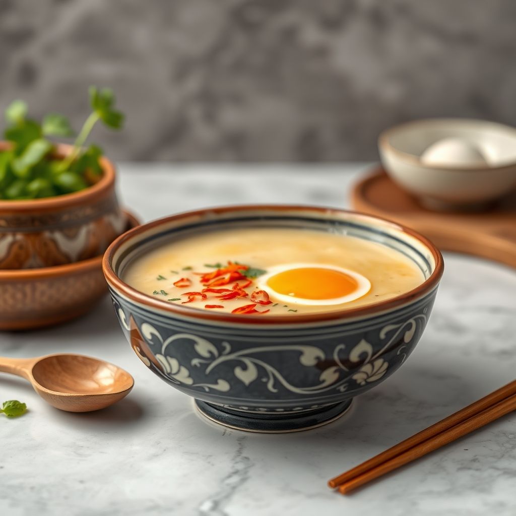 Sopa de huevo al estilo chino servida en cuenco con cebollino fresco y hilos de huevo flotando