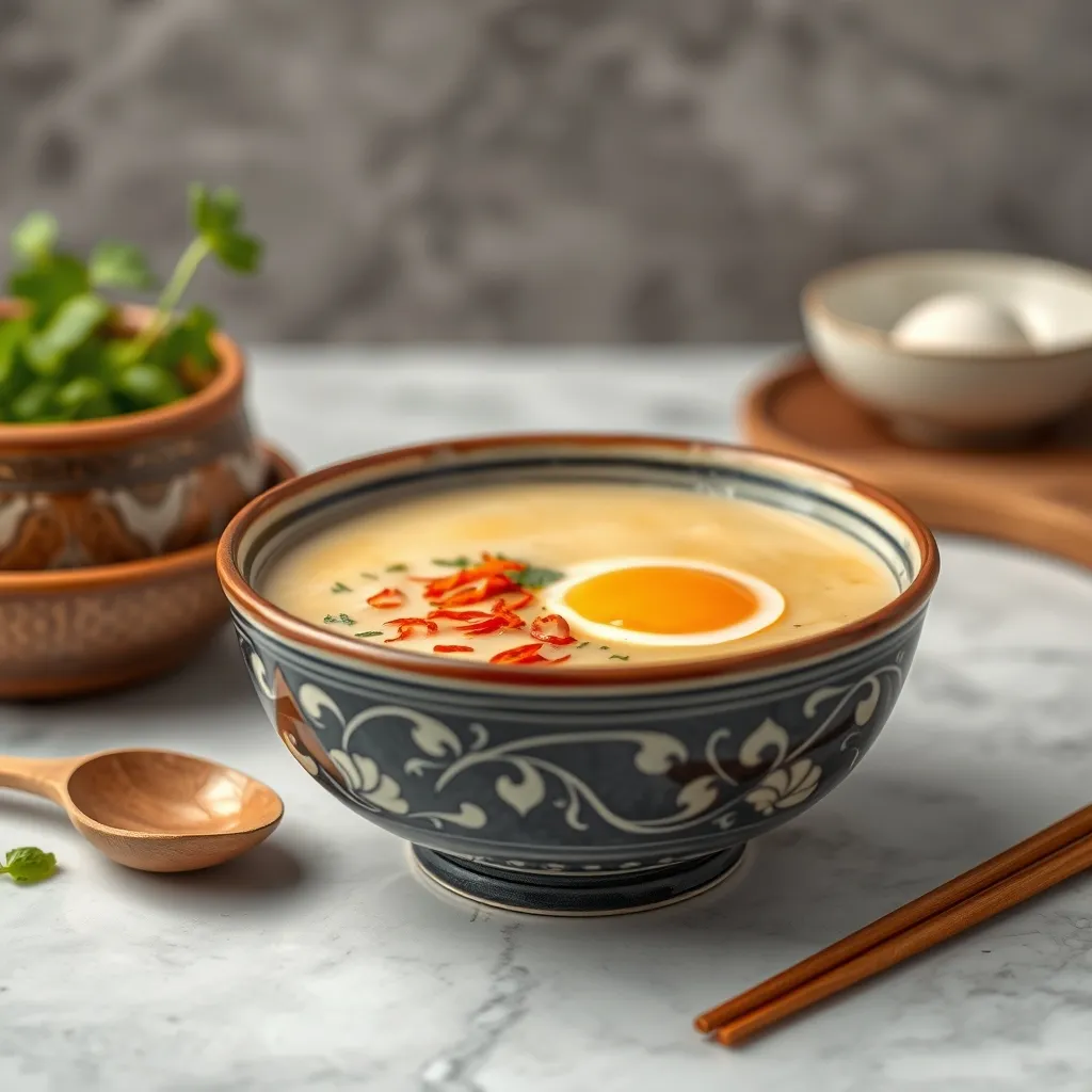 Sopa de huevo al estilo chino servida en cuenco con cebollino fresco y hilos de huevo flotando
