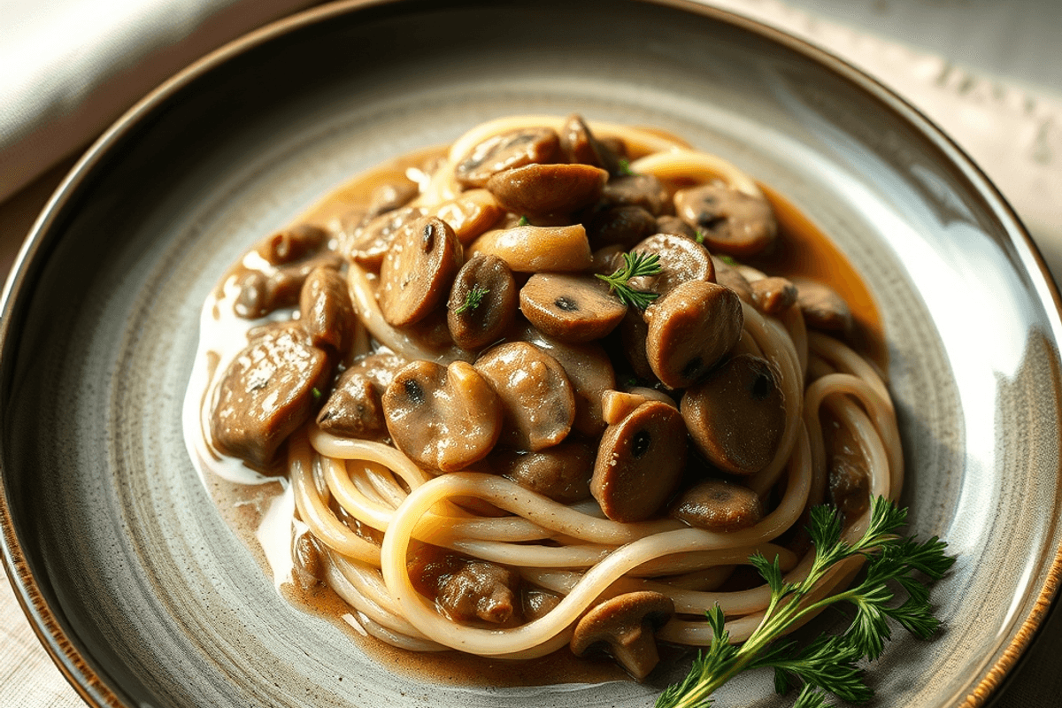 Stroganoff de ternera servido con pasta pappardelle y perejil fresco