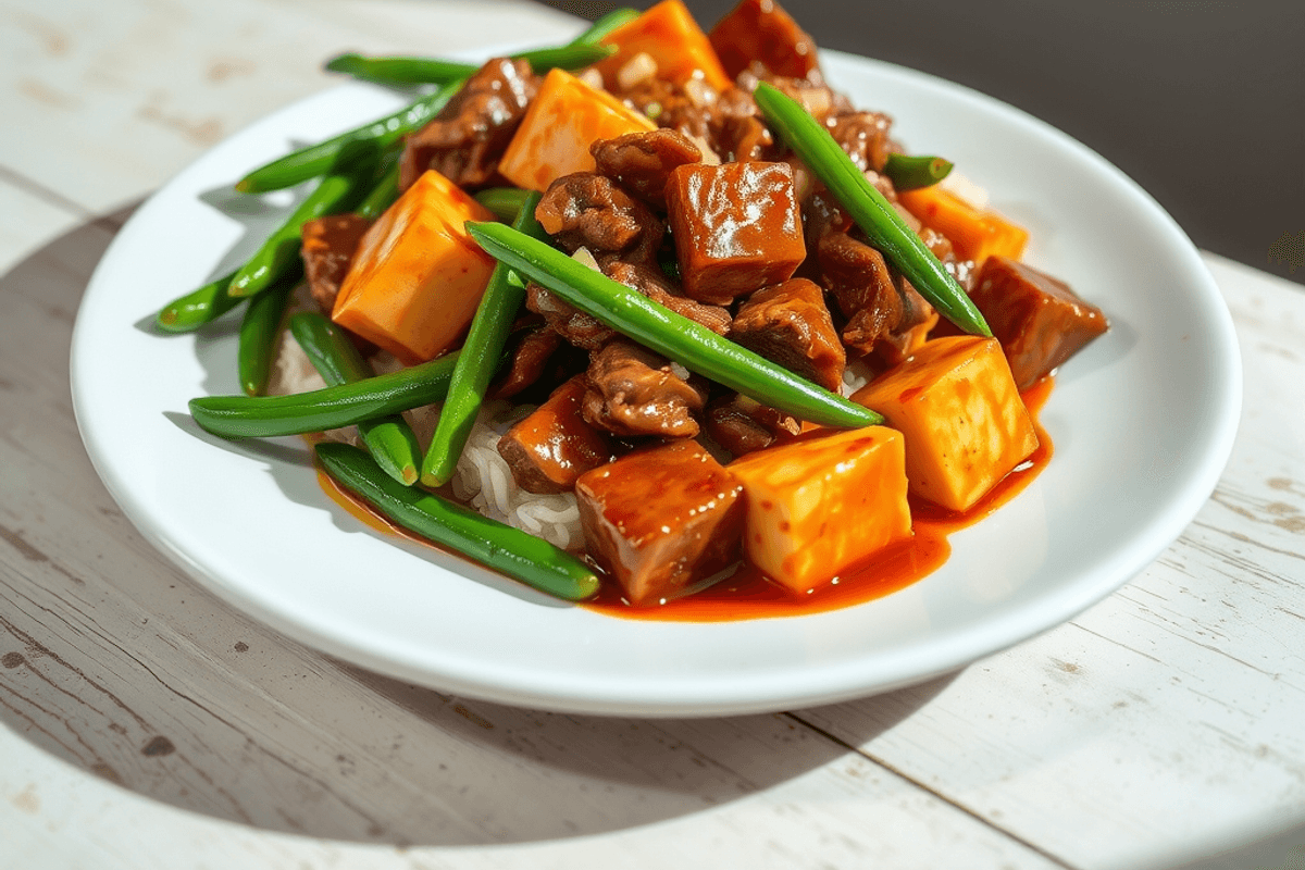 Plato de Mapo Tofu con cubos de tofu bañados en salsa roja brillante, espolvoreado con cebolleta verde y pimienta de Sichuan.