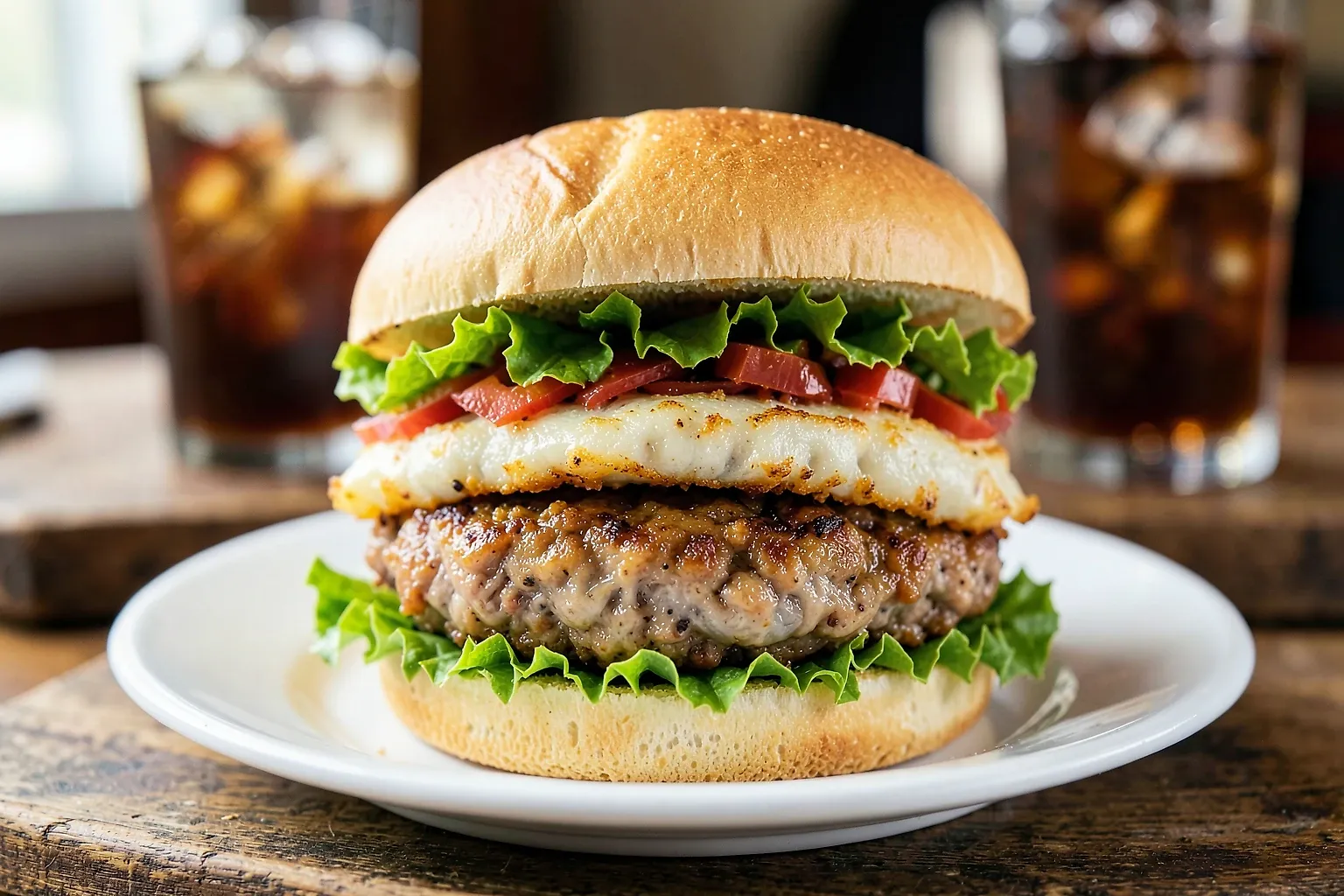 Burgers de pollo picante con halloumi dorado, col cremosa y pimiento rojo en panecillos tostados