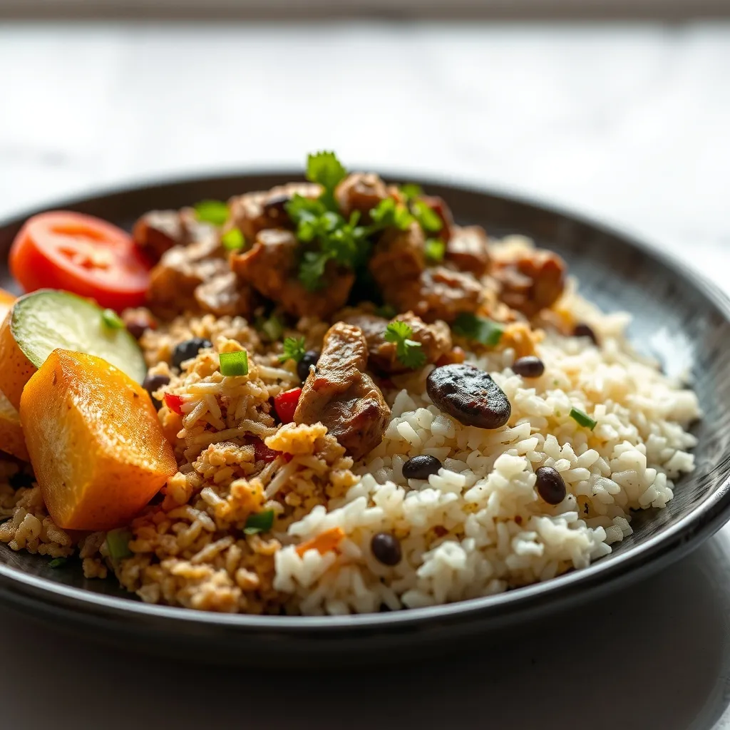 Pilaf de cordero turco servido en una fuente con piñones tostados y menta fresca