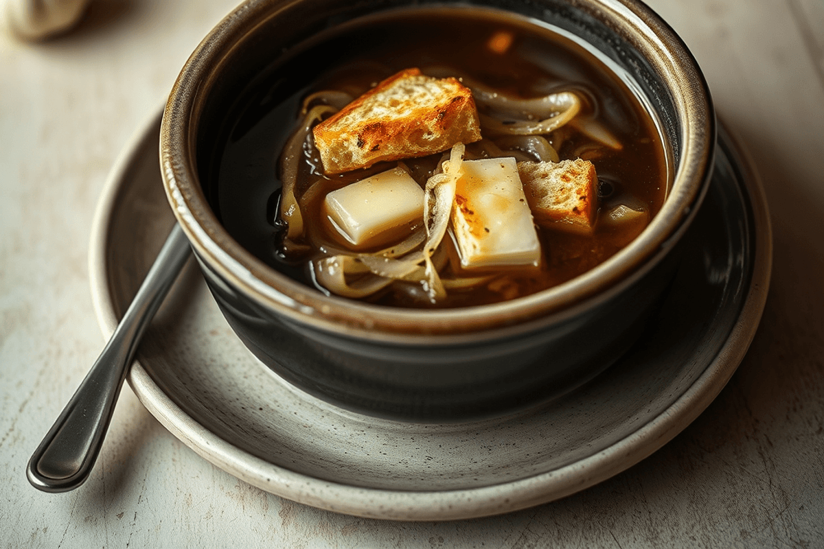 Cuenco de sopa de cebolla francesa con pan tostado y queso Gruyère derretido, humeante y dorado