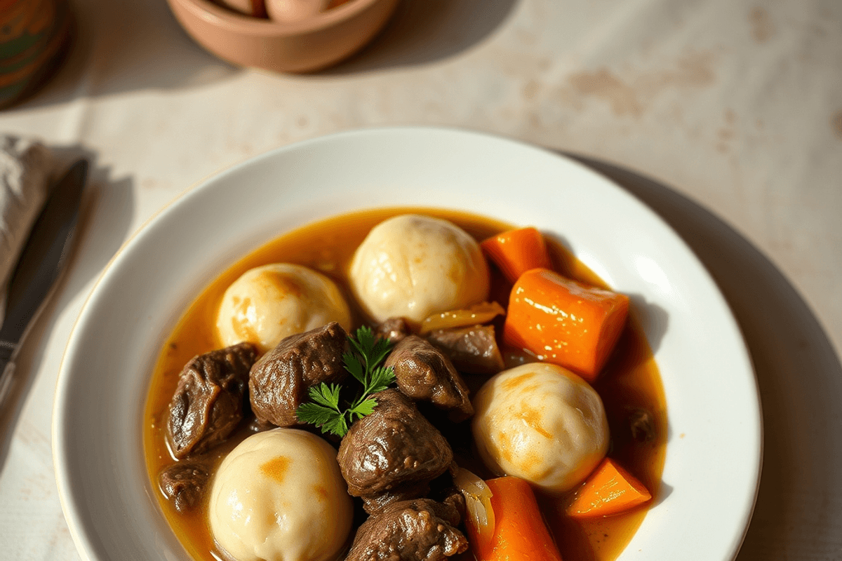 Cazuela de barro con estofado de ternera y verduras, coronado con dumplings dorados y espolvoreado de perejil.