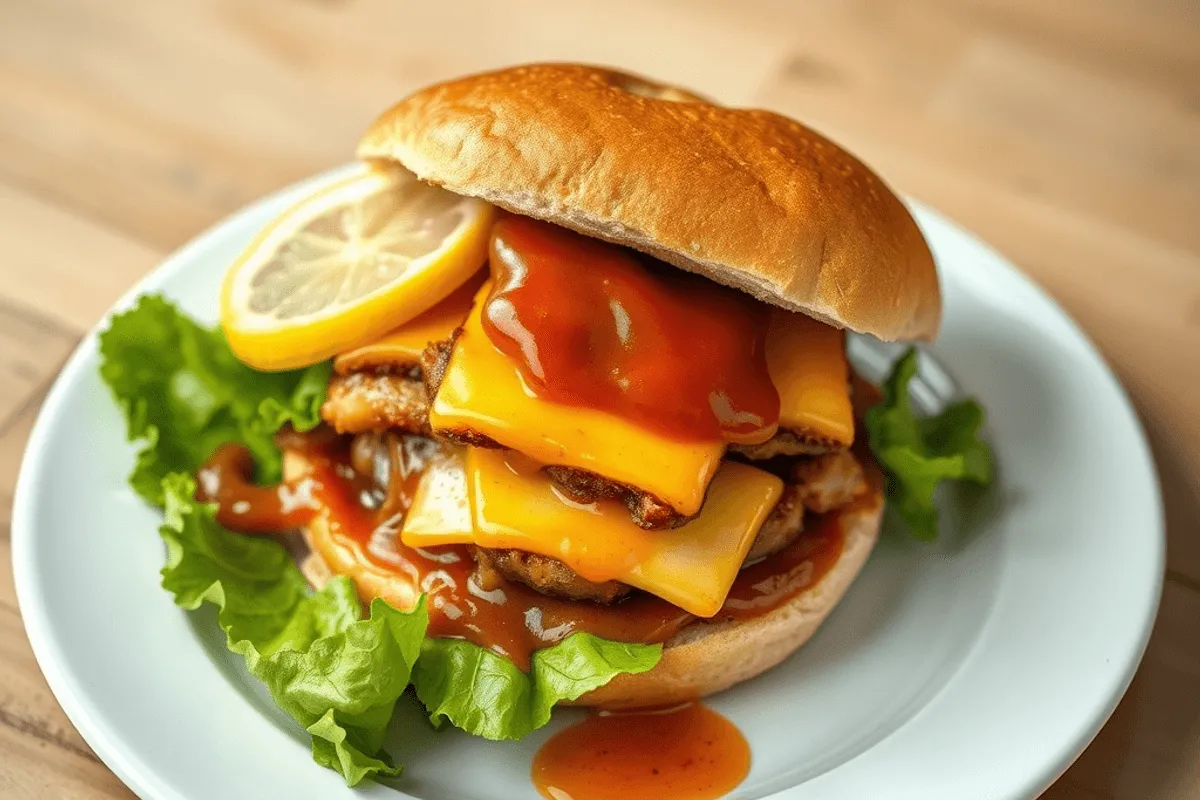 Hamburguesa abierta mostrando pollo glaseado, queso halloumi dorado, lechuga crujiente y ensalada de col en un pan tostado.