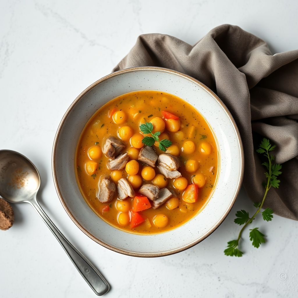 Sopa tunecina de cordero y garbanzos servida en cuenco con pan al lado