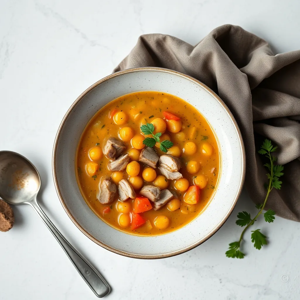 Sopa tunecina de cordero y garbanzos servida en cuenco con pan al lado