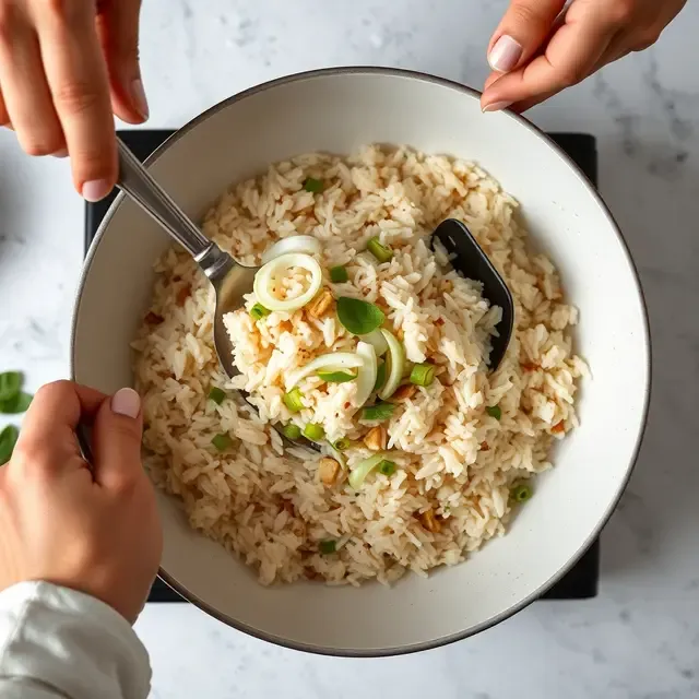 Paso 5: Añade el arroz frío, aplasta los grumos con la espátula, e i